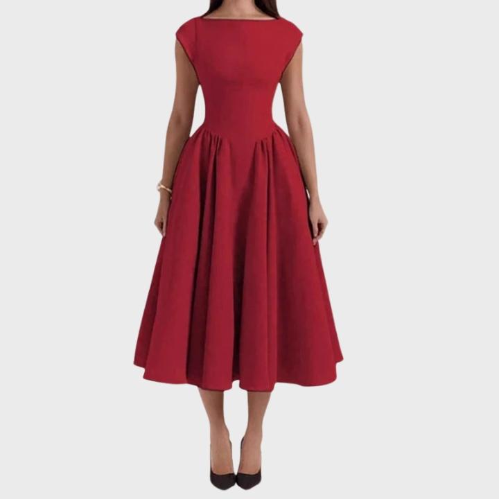 Women's Elegant A-Line Pleated Skirt Midi Dress