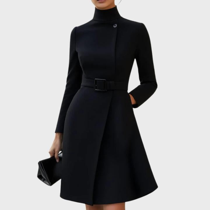 Women's High Neck Asymmetric Front Belted Midi Dress