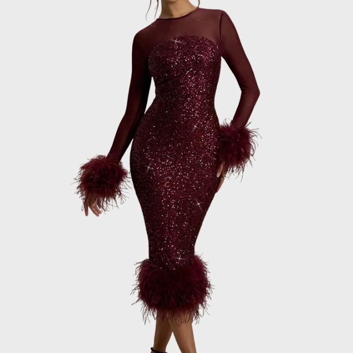 Women’s Slim A-Line Feather Patchwork Sequin Dress