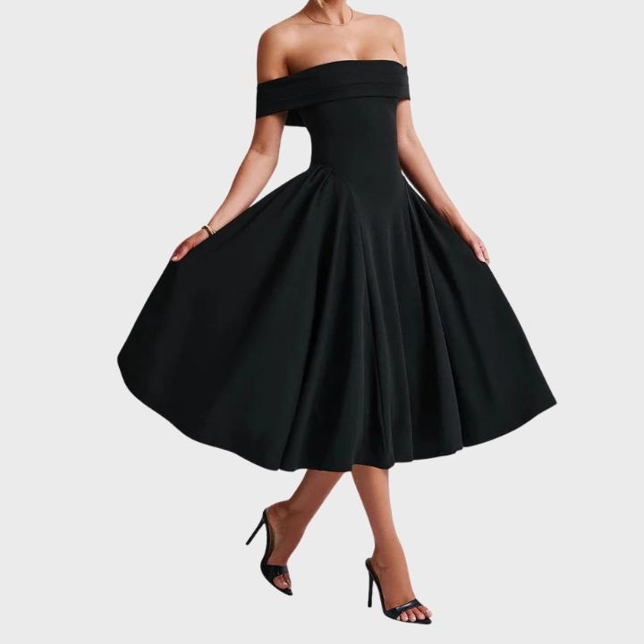 Women's Sophisticated Off Shoulder Pleated Flare Mid Length Dress