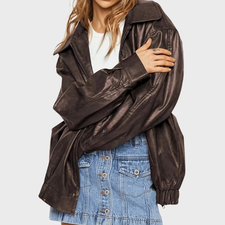 Women’s Classic Brown Zip-Up Leather Jacket