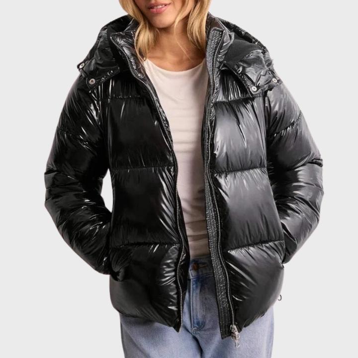 Women's Glossy Hooded Full-Zip Front Puffer Jacket