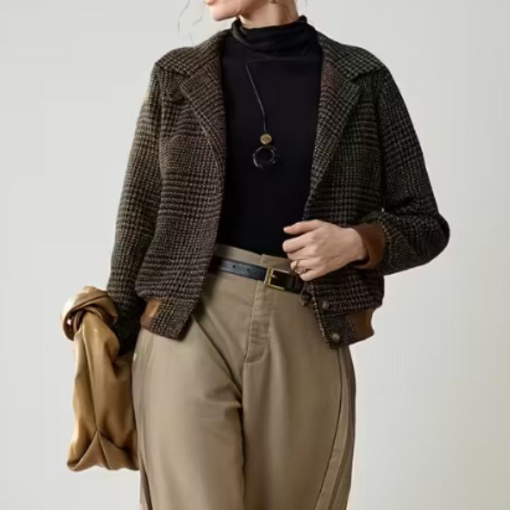 Women's Brown Checkered Wool Look Bomber Jacket  Vintage Style