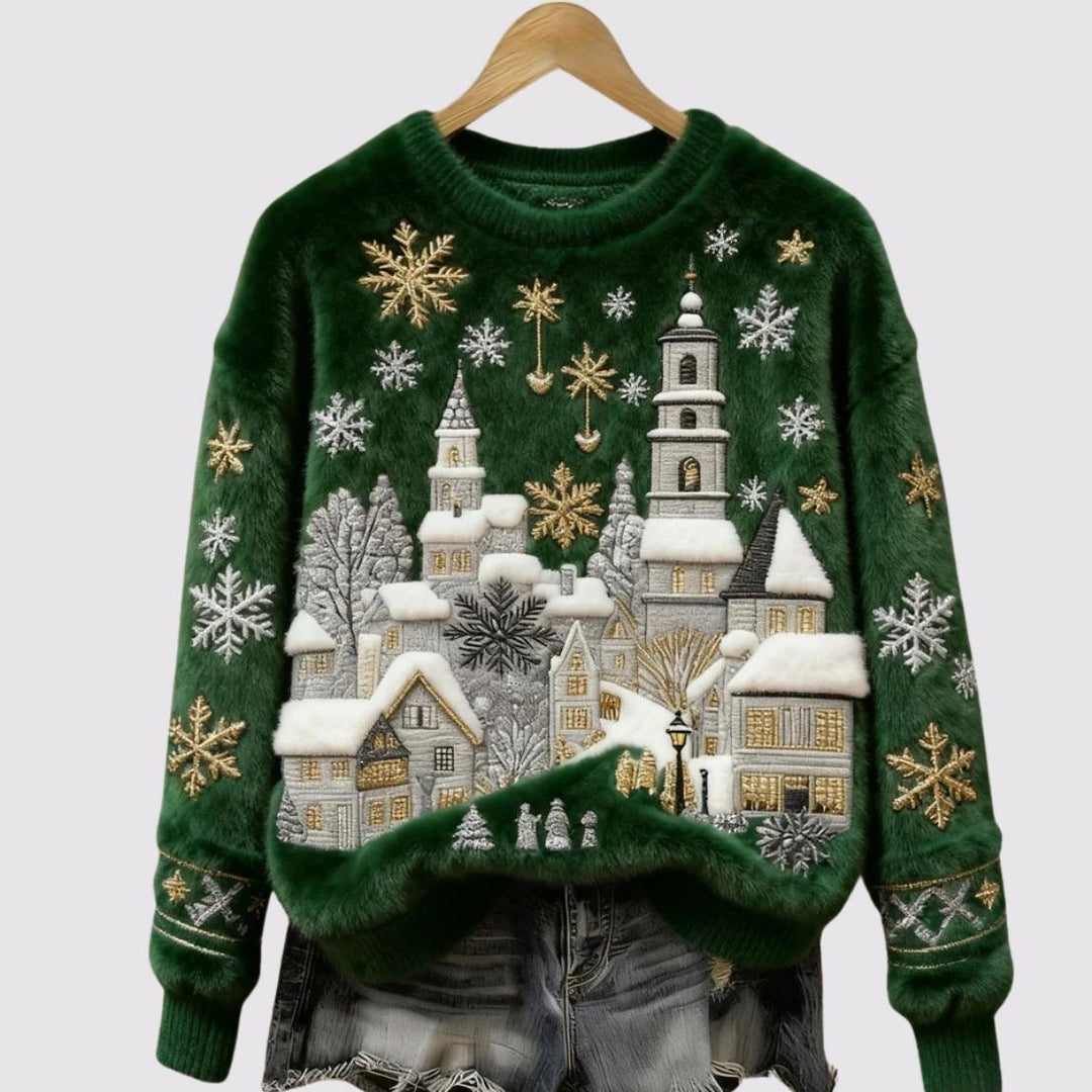 Elara - Snowfall Village Embroidered Plush Jumper