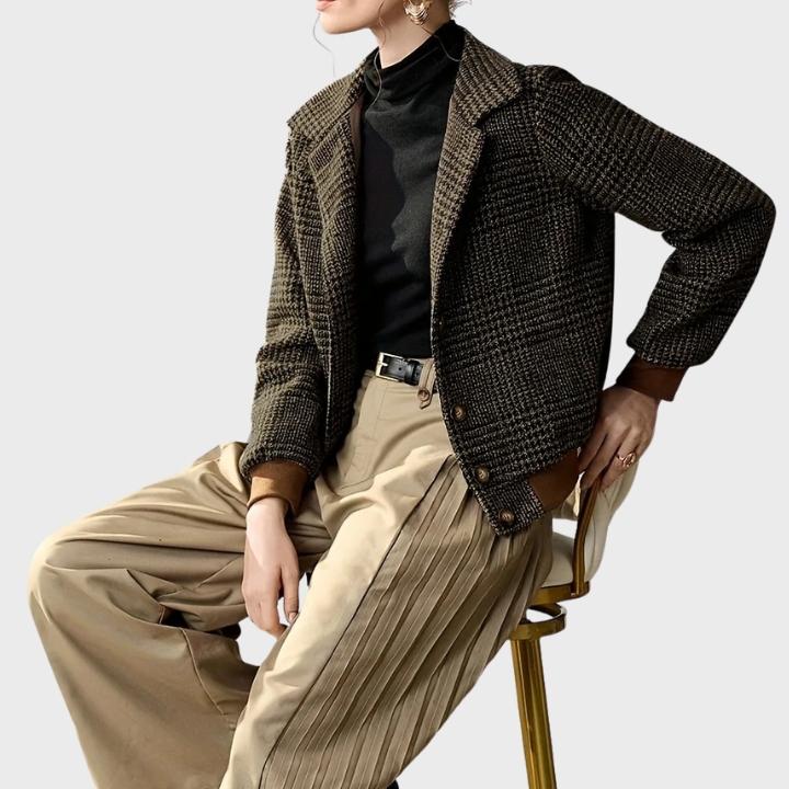 Women's Brown Checkered Wool Look Bomber Jacket  Vintage Style