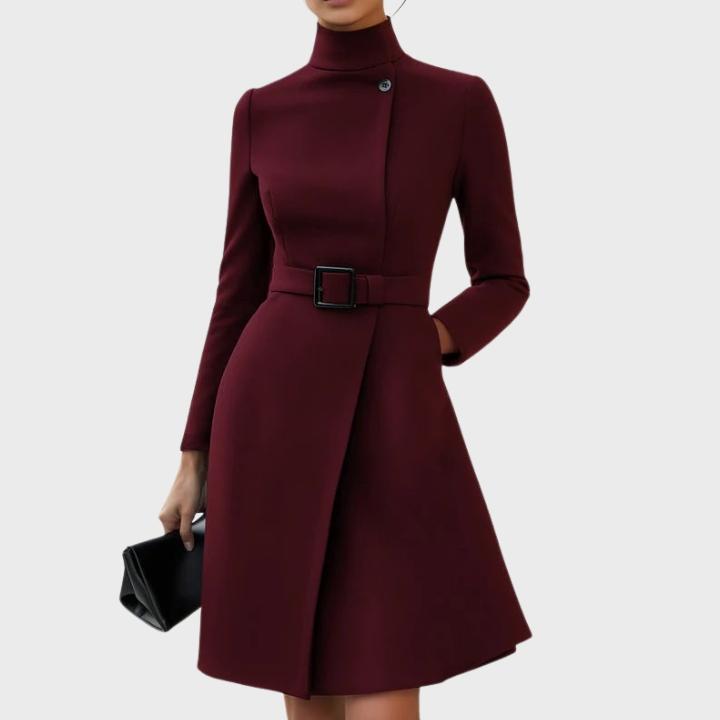 Women's High Neck Asymmetric Front Belted Midi Dress