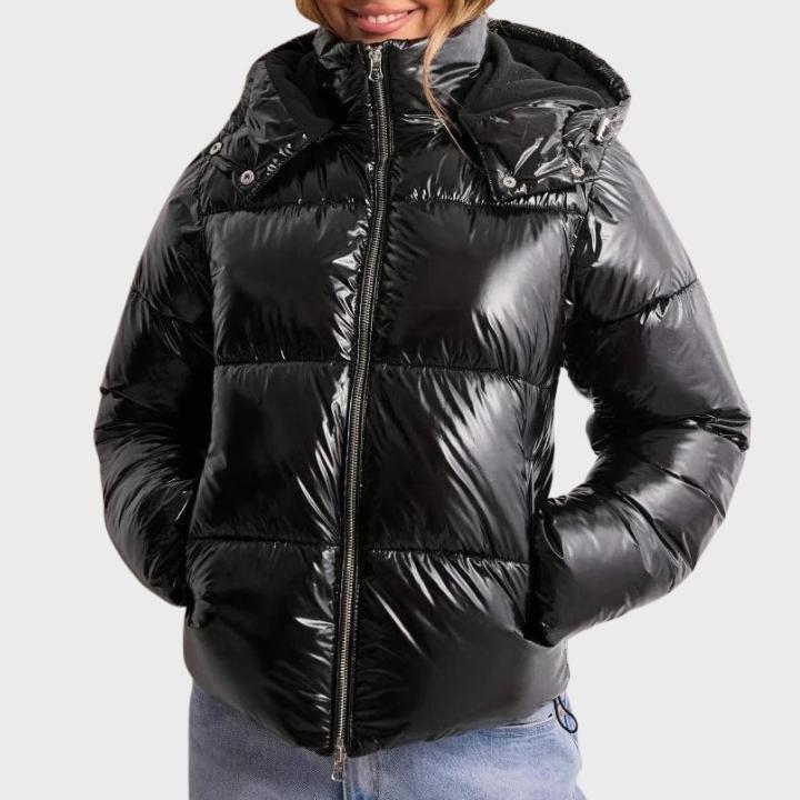 Women's Glossy Hooded Full-Zip Front Puffer Jacket