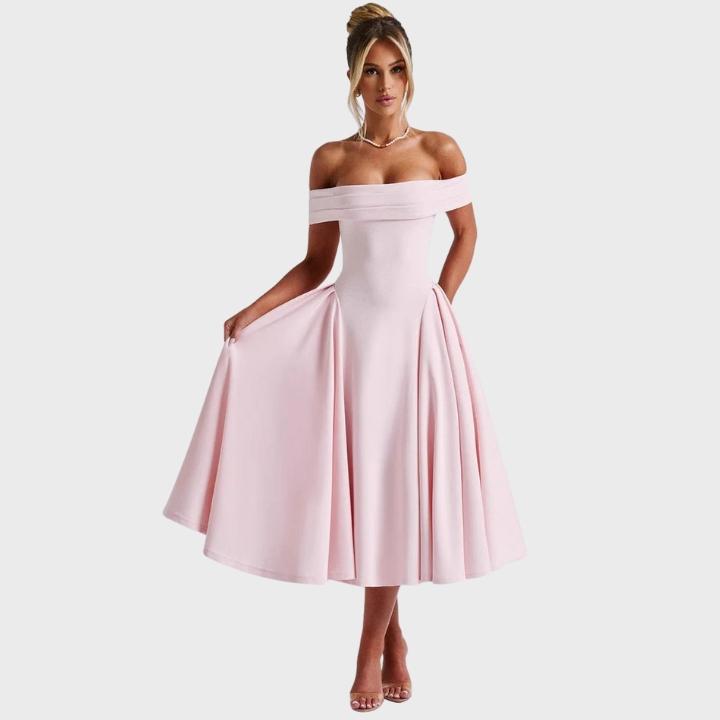 Women's Sophisticated Off Shoulder Pleated Flare Mid Length Dress