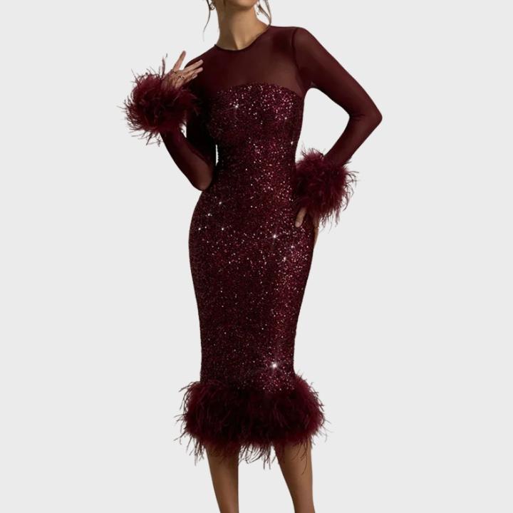 Women’s Slim A-Line Feather Patchwork Sequin Dress