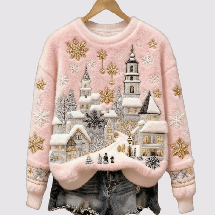 Elara - Snowfall Village Embroidered Plush Jumper