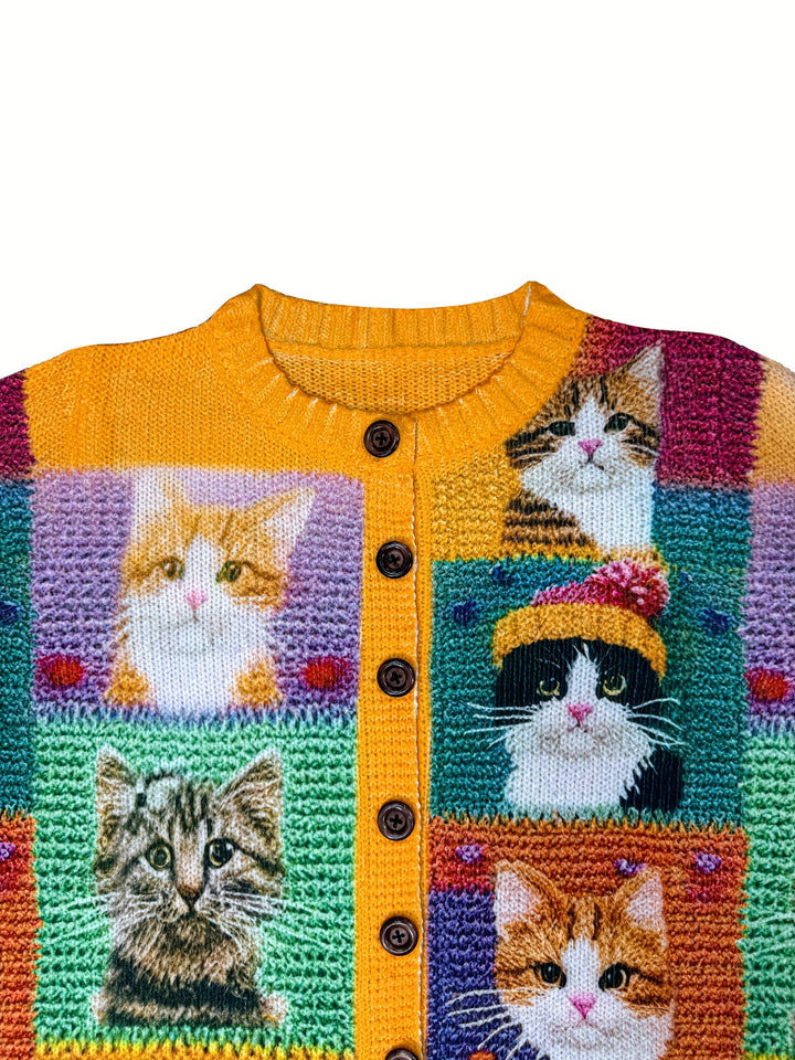Maribel – Colourful Cat Pattern Button-Front Cardigan