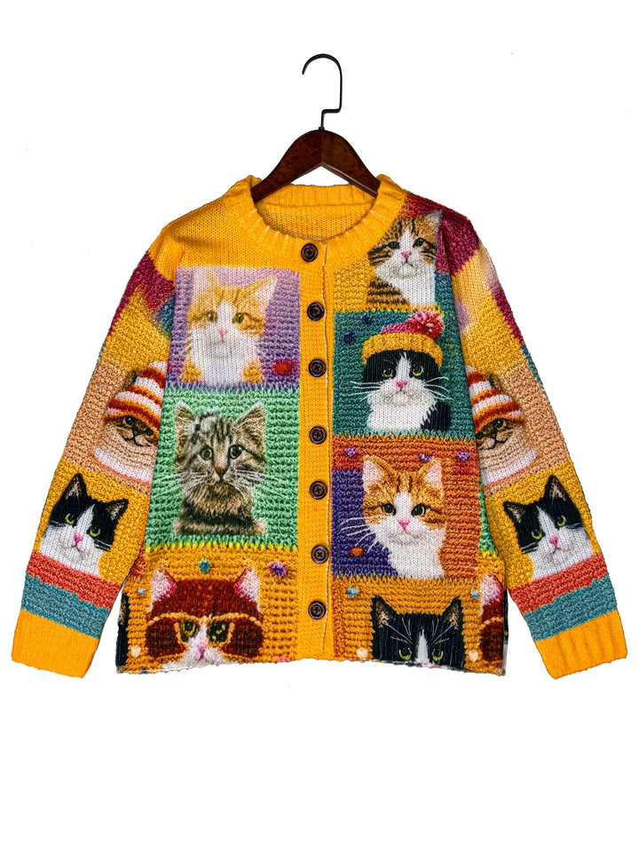Maribel – Colourful Cat Pattern Button-Front Cardigan