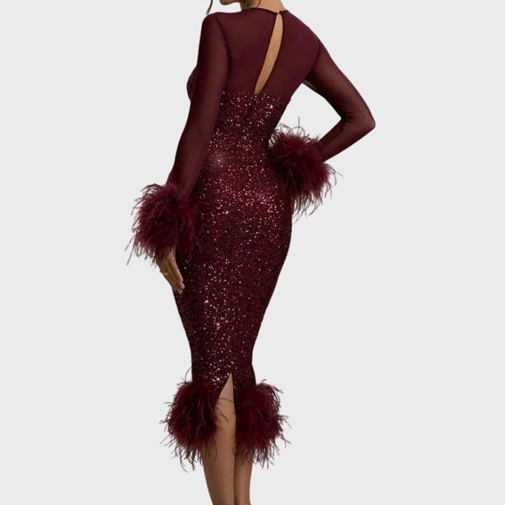 Women’s Slim A-Line Feather Patchwork Sequin Dress