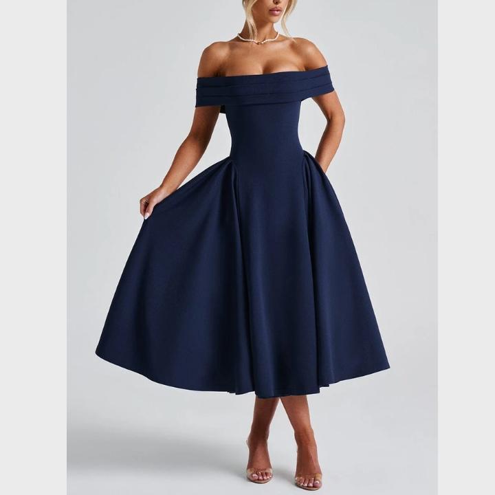 Women's Sophisticated Off Shoulder Pleated Flare Mid Length Dress