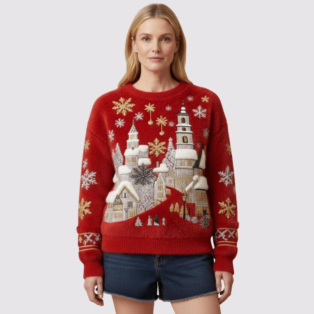 Elara - Snowfall Village Embroidered Plush Jumper