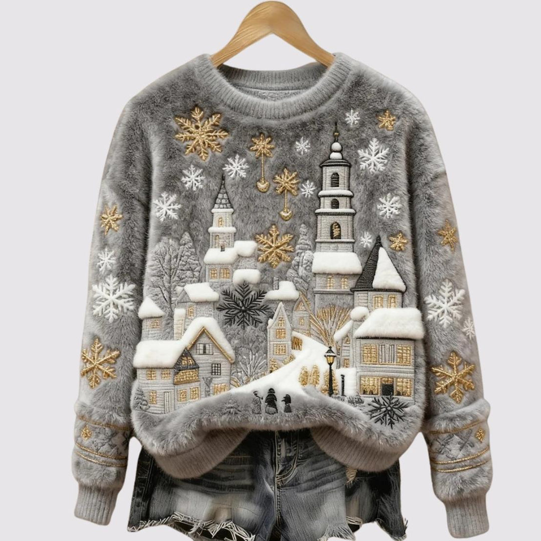 Elara - Snowfall Village Embroidered Plush Jumper