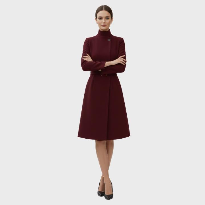 Women's High Neck Asymmetric Front Belted Midi Dress