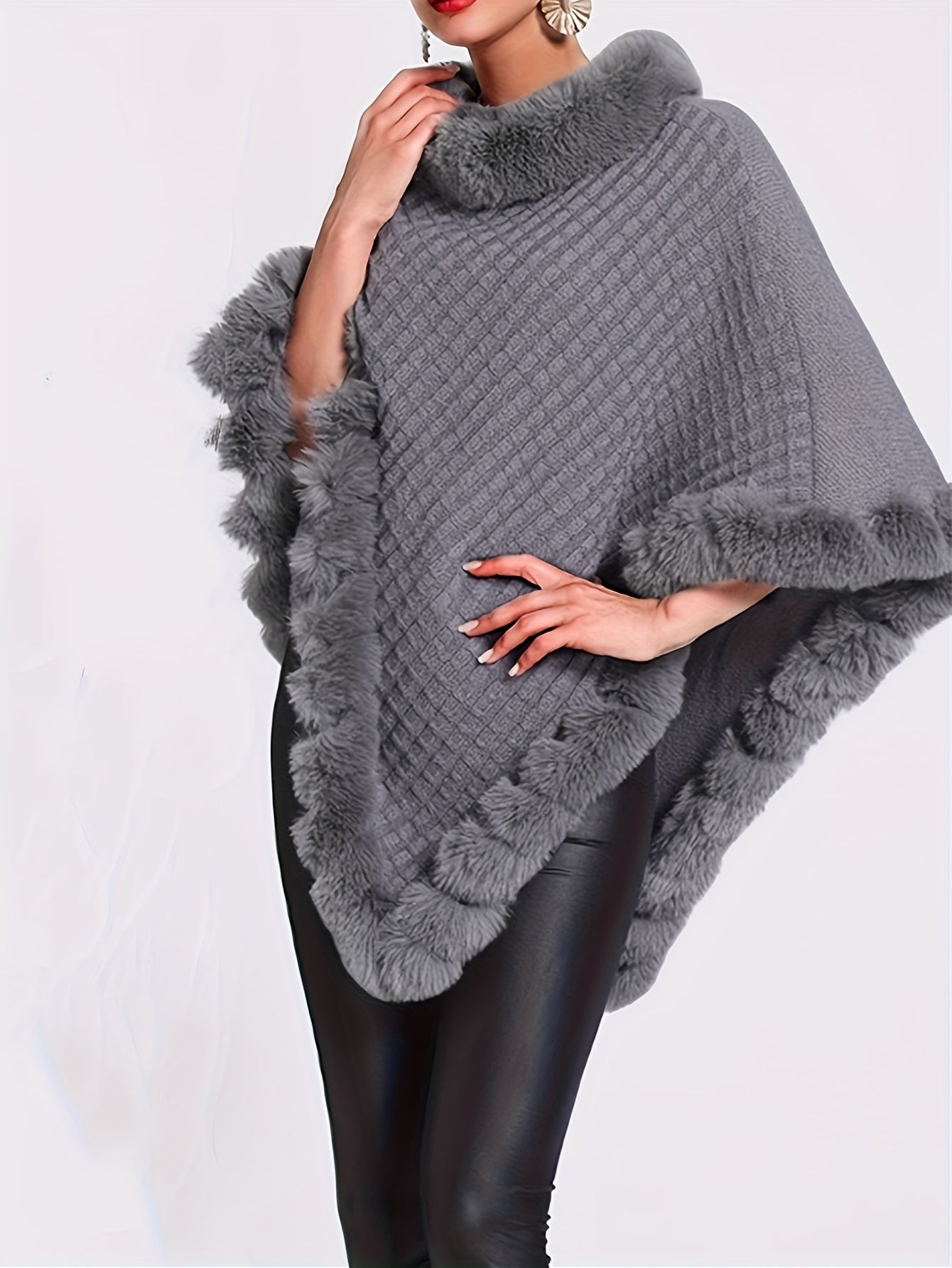 Women'S Lightweight Faux Fur Trimmed Oversized Cape Sweater - Cozy Cardigan with Ruffled Hem, Brown & Gray, Perfect for Fall & Winter, Casual to Chic Outfits, Sweater Dress