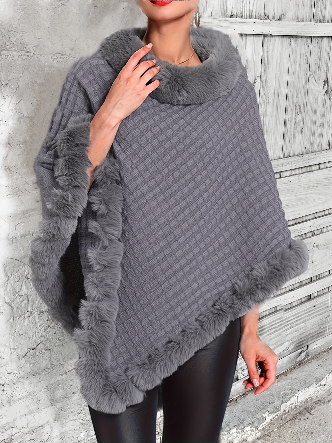 Women'S Lightweight Faux Fur Trimmed Oversized Cape Sweater - Cozy Cardigan with Ruffled Hem, Brown & Gray, Perfect for Fall & Winter, Casual to Chic Outfits, Sweater Dress