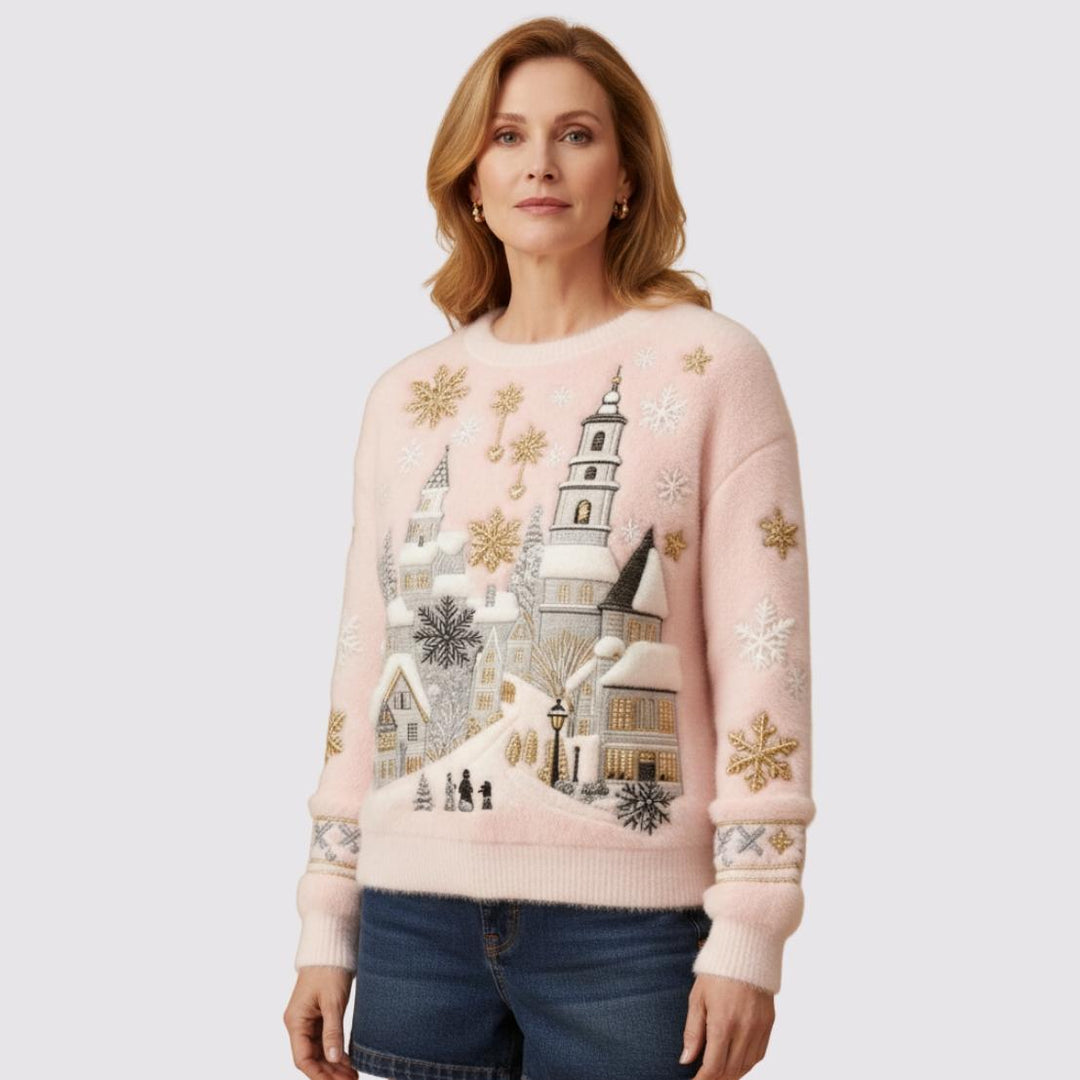 Elara - Snowfall Village Embroidered Plush Jumper