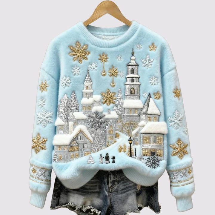 Elara - Snowfall Village Embroidered Plush Jumper