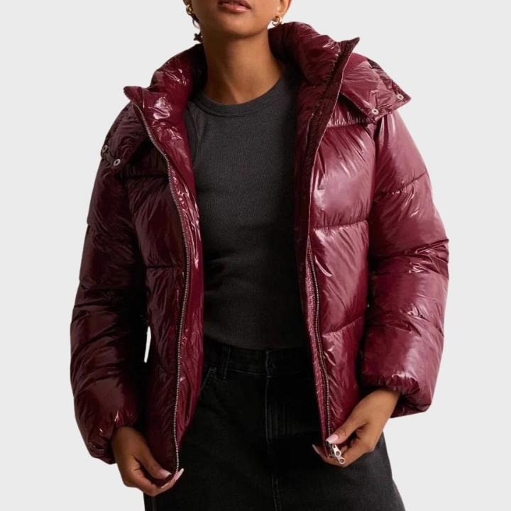 Women's Glossy Hooded Full-Zip Front Puffer Jacket