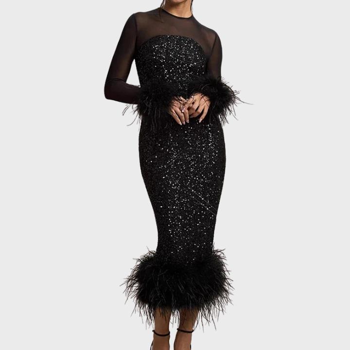 Women’s Slim A-Line Feather Patchwork Sequin Dress