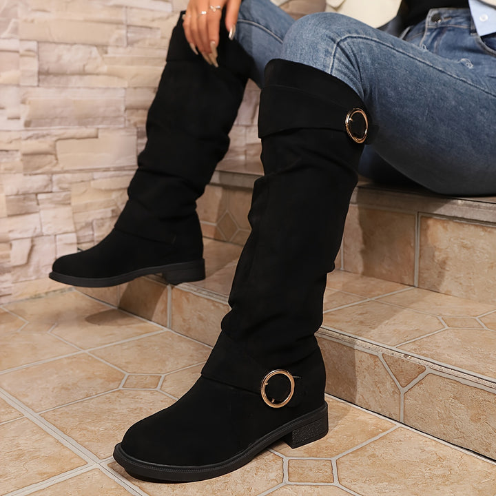 Women's  Knee-High Boots Buckle Belt – Soft Suede