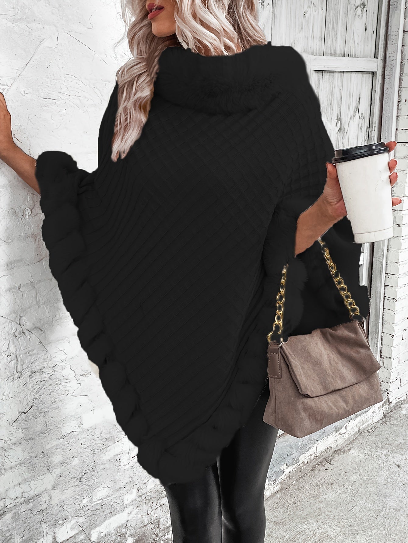 Women'S Lightweight Faux Fur Trimmed Oversized Cape Sweater - Cozy Cardigan with Ruffled Hem, Brown & Gray, Perfect for Fall & Winter, Casual to Chic Outfits, Sweater Dress