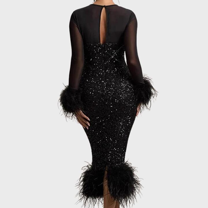 Women’s Slim A-Line Feather Patchwork Sequin Dress