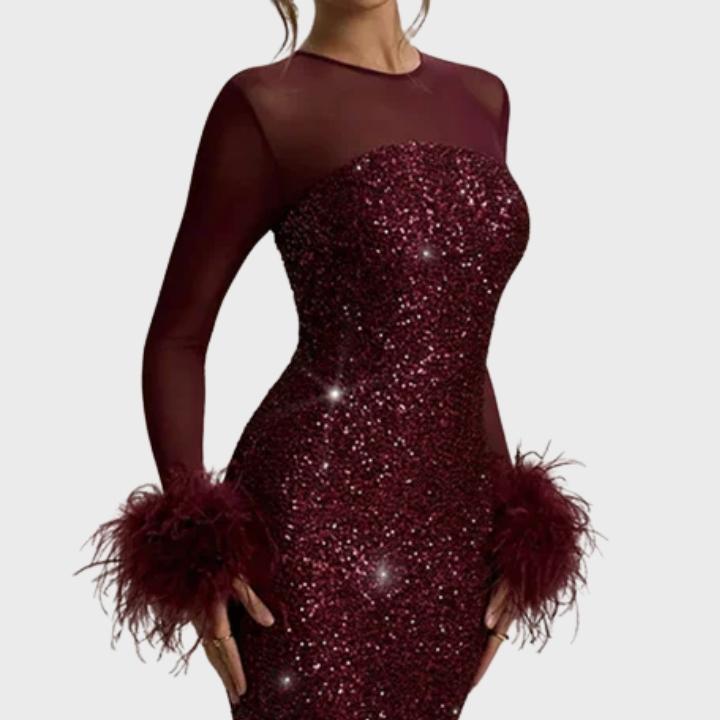 Women’s Slim A-Line Feather Patchwork Sequin Dress
