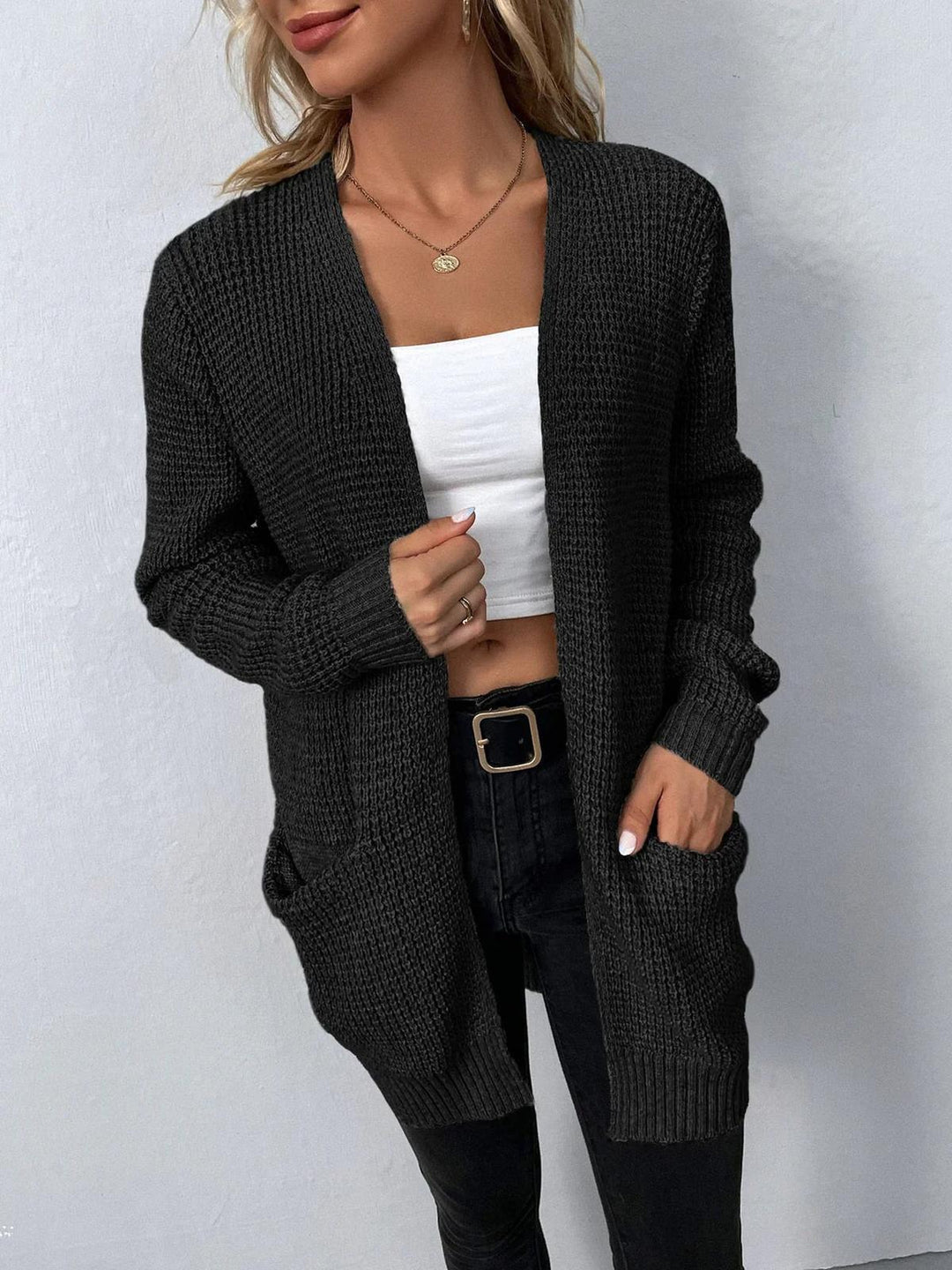 Cozy Open Front Long Cardigan With Pockets