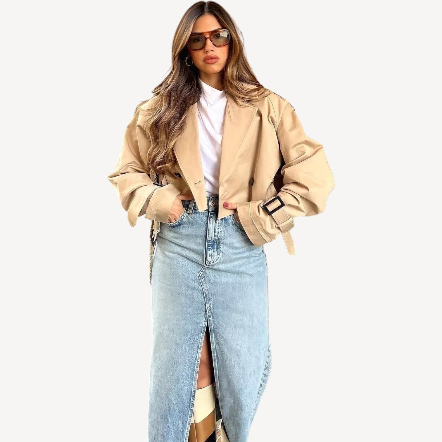 Cropped Beige Trench Coat
