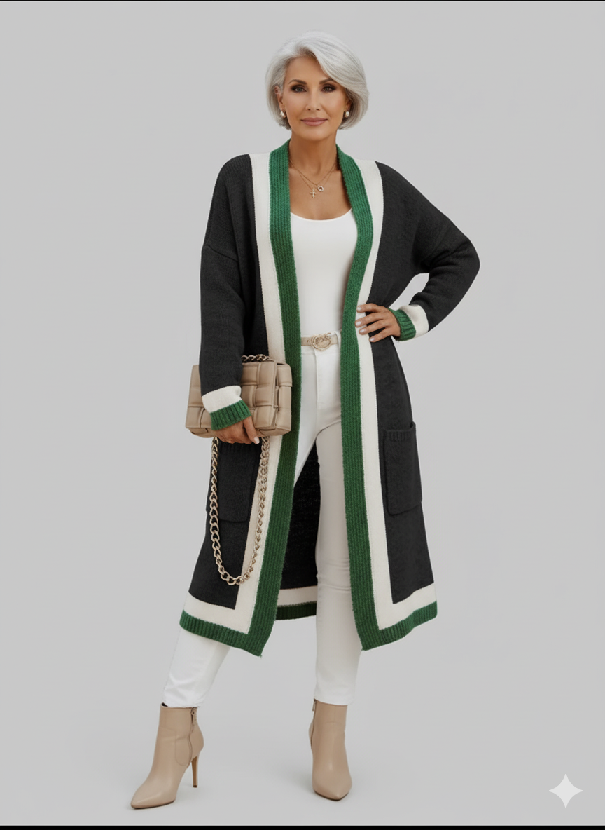 ARLENE™ Long Knitted Contrast Trim Cardigan
