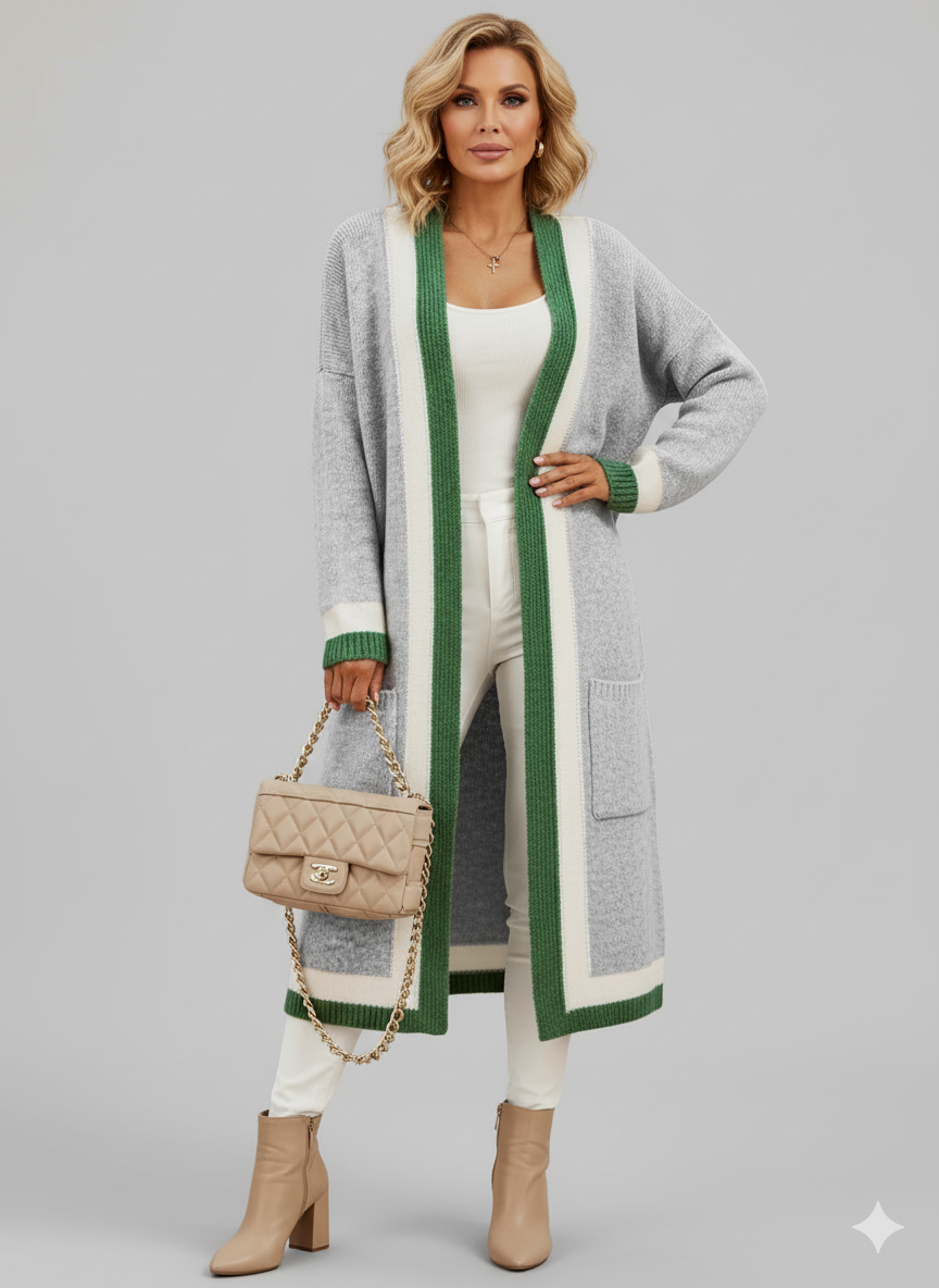 ARLENE™ Long Knitted Contrast Trim Cardigan