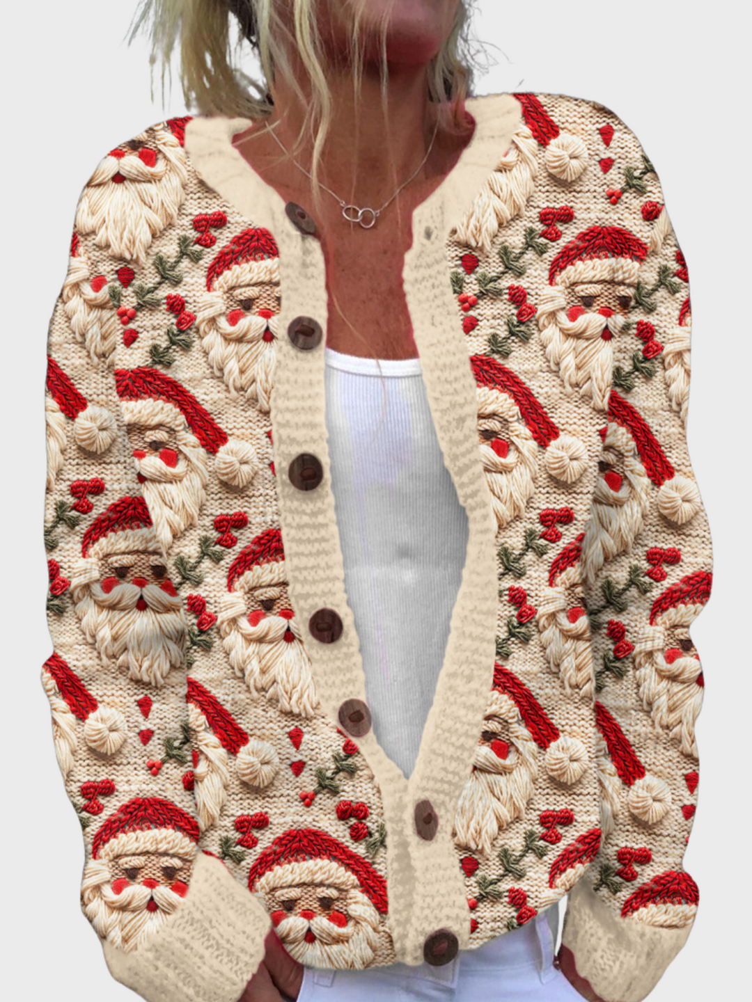 Festive Santa Print Button-Up Cardigan