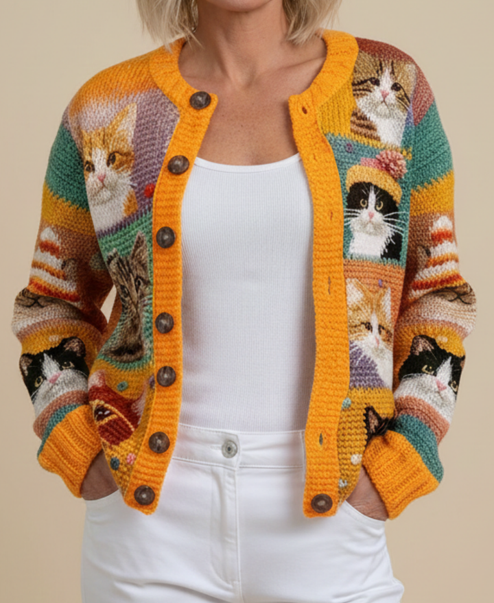 Maribel – Colourful Cat Pattern Button-Front Cardigan