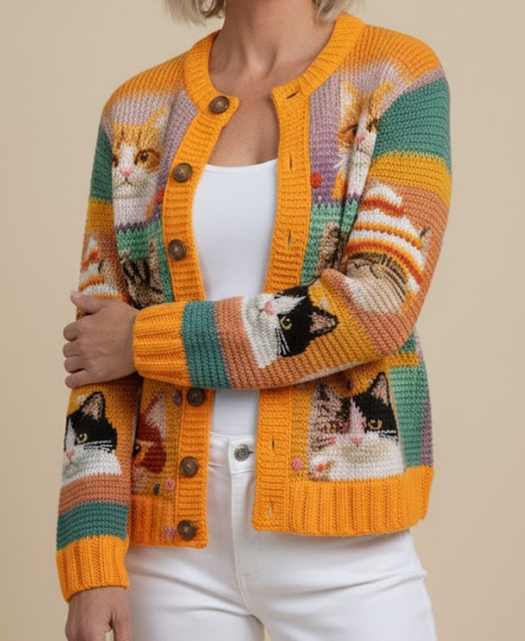 Maribel – Colourful Cat Pattern Button-Front Cardigan