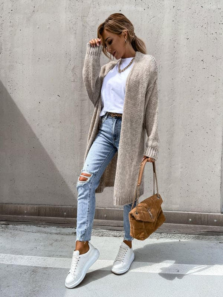 Women's Solid Color Knit Cardigan With Long Sleeves