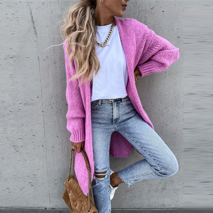 Women's Solid Color Knit Cardigan With Long Sleeves