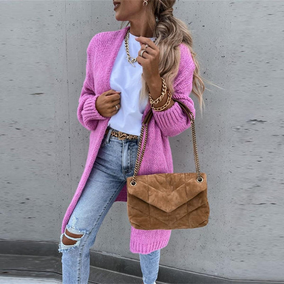 Women's Solid Color Knit Cardigan With Long Sleeves