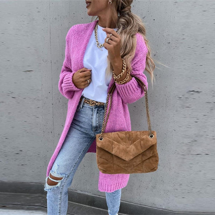 Women's Solid Color Knit Cardigan With Long Sleeves