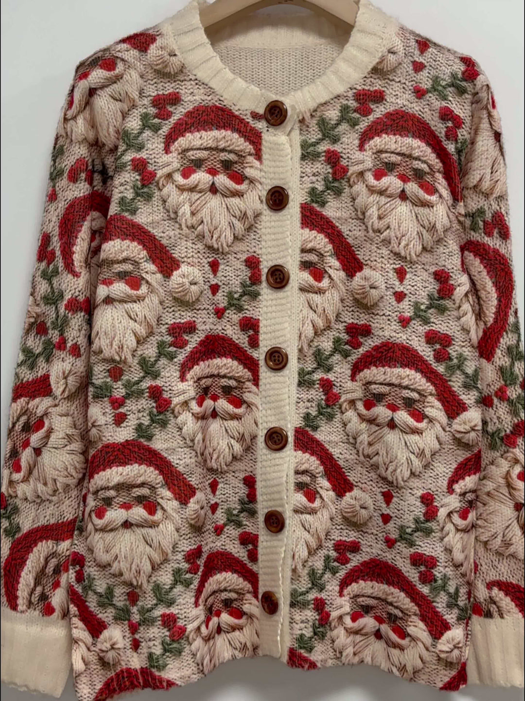 Festive Santa Print Button-Up Cardigan