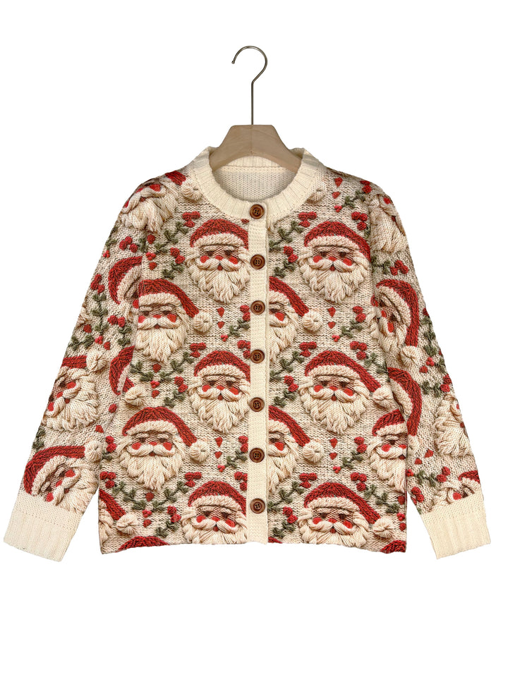 Festive Santa Print Button-Up Cardigan