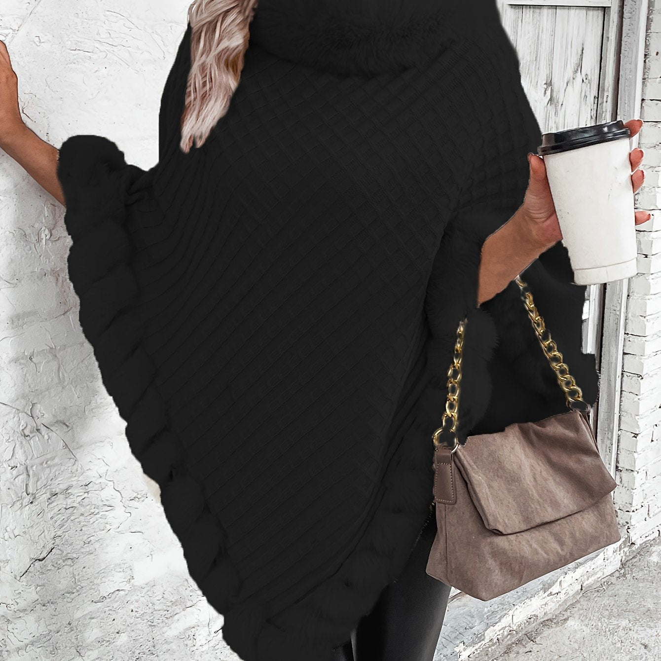 Women'S Lightweight Faux Fur Trimmed Oversized Cape Sweater - Cozy Cardigan with Ruffled Hem, Brown & Gray, Perfect for Fall & Winter, Casual to Chic Outfits, Sweater Dress