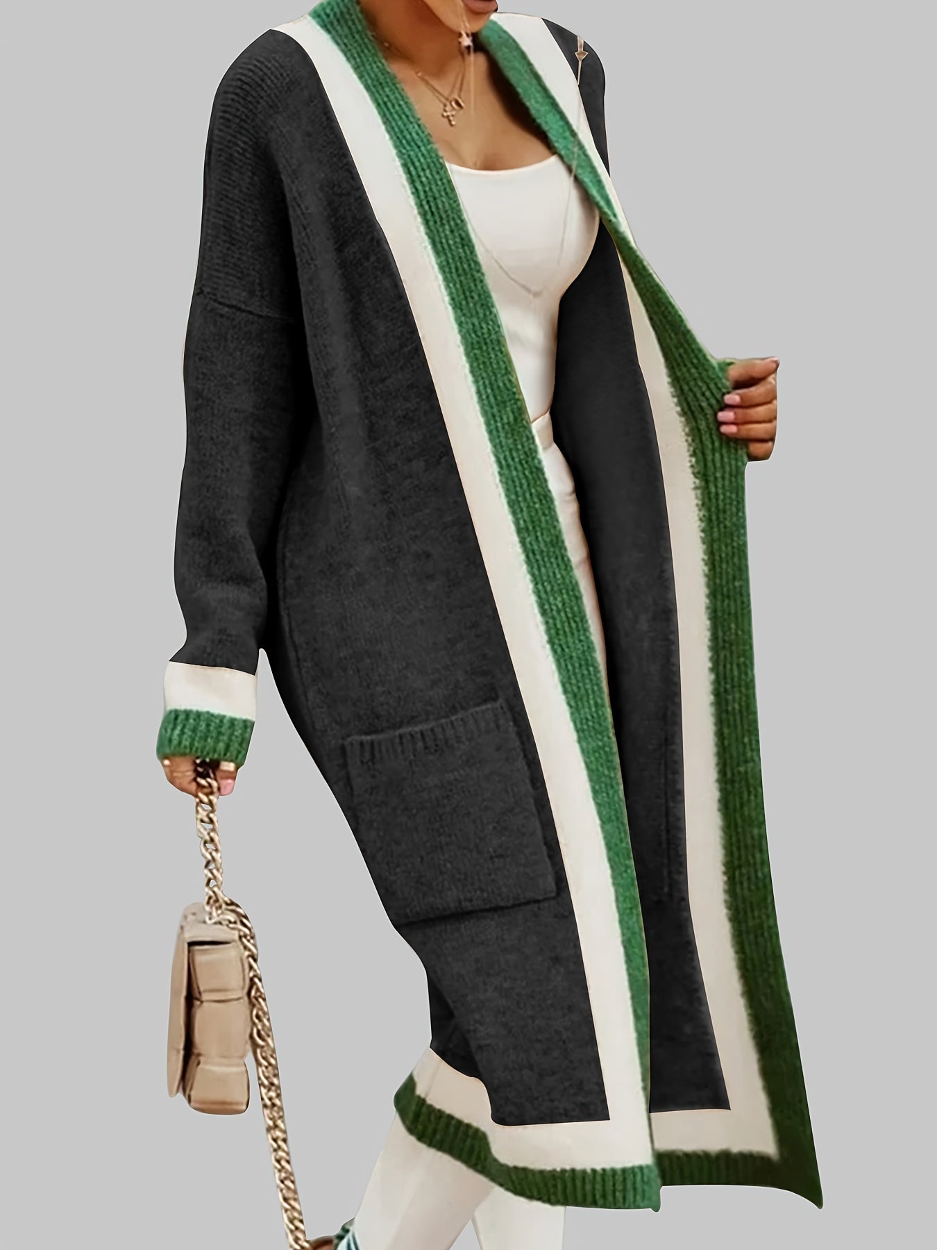 ARLENE™ Long Knitted Contrast Trim Cardigan