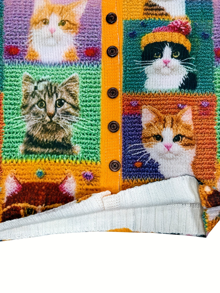 Maribel – Colourful Cat Pattern Button-Front Cardigan
