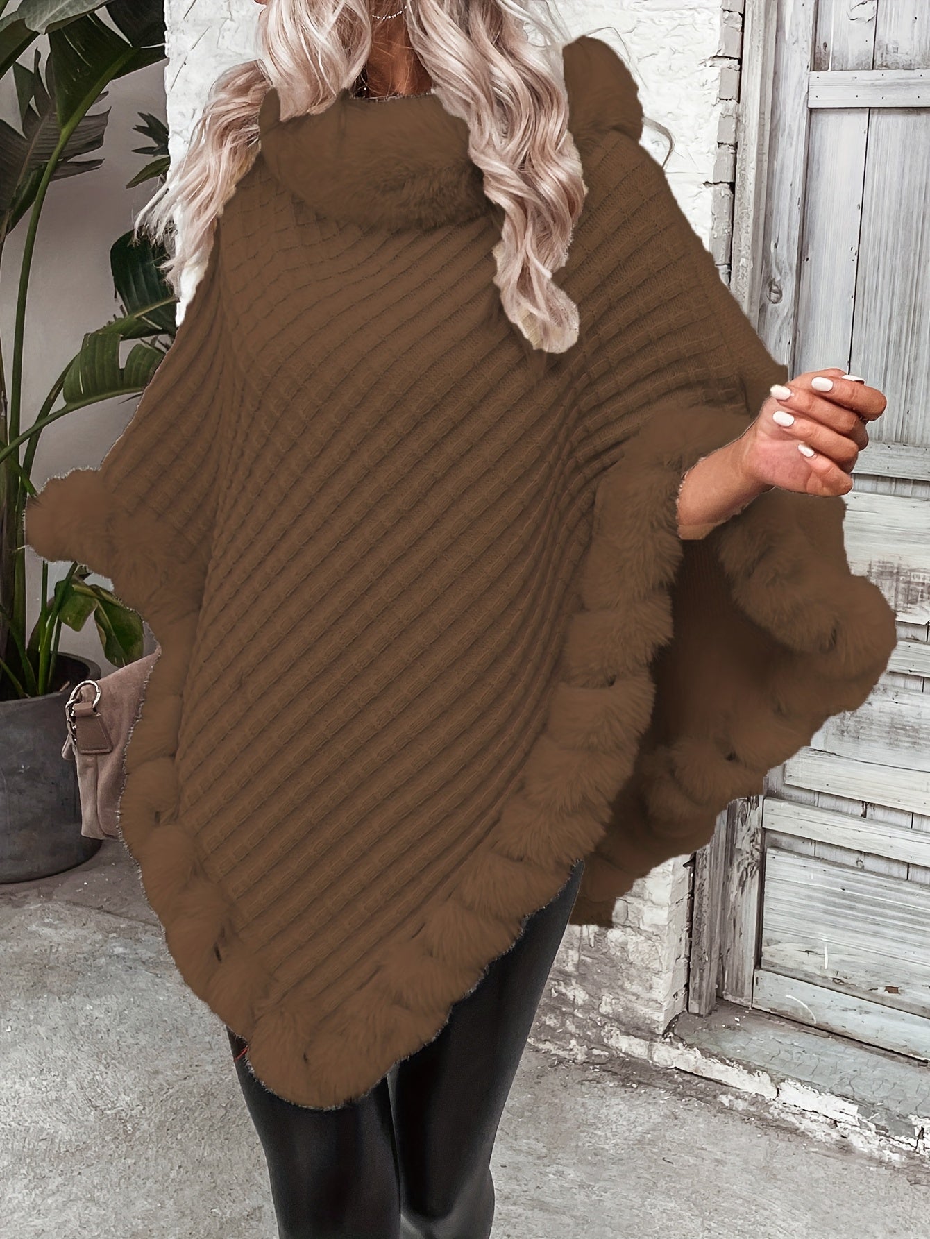 Women'S Lightweight Faux Fur Trimmed Oversized Cape Sweater - Cozy Cardigan with Ruffled Hem, Brown & Gray, Perfect for Fall & Winter, Casual to Chic Outfits, Sweater Dress