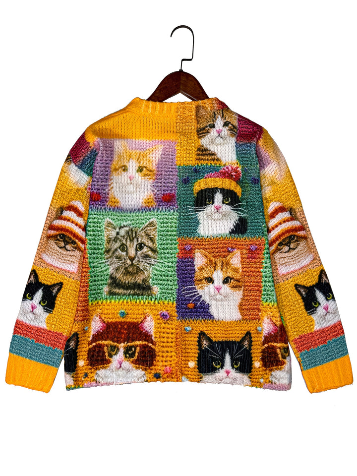 Maribel – Colourful Cat Pattern Button-Front Cardigan