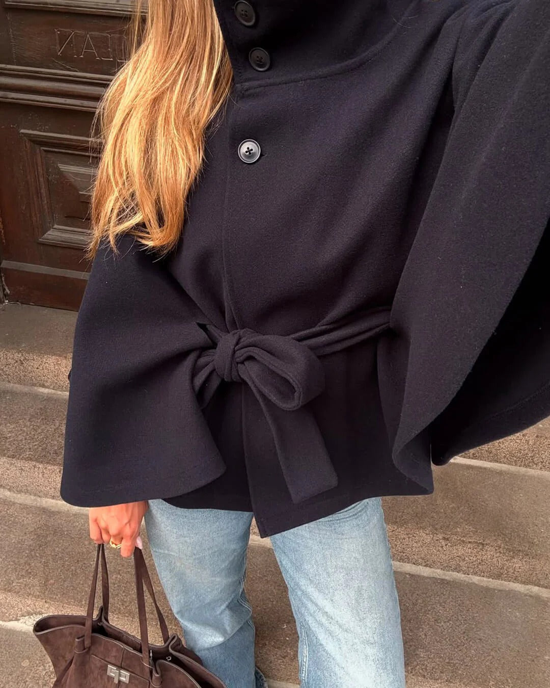 High-Neck Belted Cape Jacket